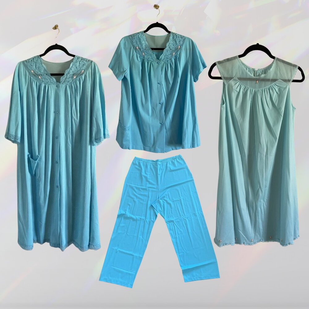 Retro Blue Full Womens Pajamas Set - Matching Pants, Shirt, Robe, and Dress